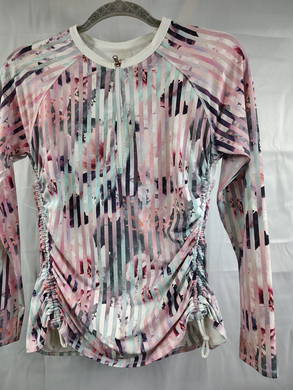 Women's Calia Pink Multi-Stripe Ruched Long Sleeve Top 1/4 Zip Size Medium